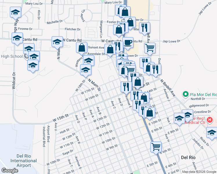 map of restaurants, bars, coffee shops, grocery stores, and more near 200-246 East 17th Street in Del Rio