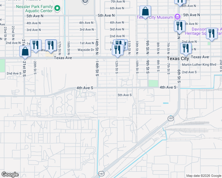 map of restaurants, bars, coffee shops, grocery stores, and more near 1220 4th Avenue South in Texas City