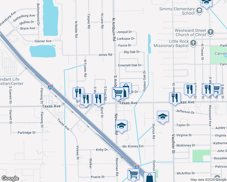 map of restaurants, bars, coffee shops, grocery stores, and more near 309 Heritage Oaks Drive in Texas City