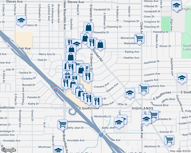map of restaurants, bars, coffee shops, grocery stores, and more near 3935 South Walters in San Antonio