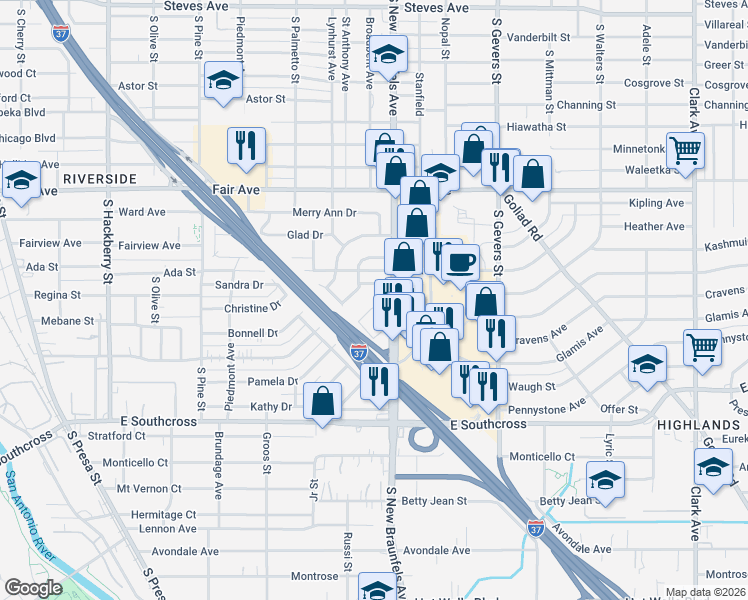 map of restaurants, bars, coffee shops, grocery stores, and more near 926 Linda Lou Drive in San Antonio