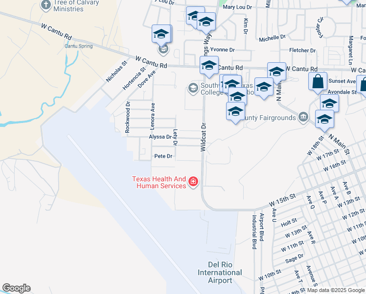 map of restaurants, bars, coffee shops, grocery stores, and more near 116 Ramon Cardenas Drive in Del Rio
