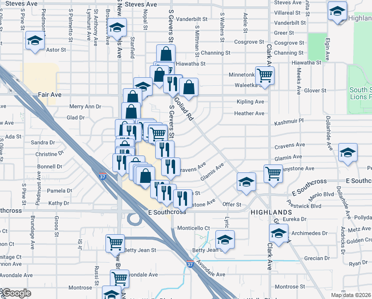 map of restaurants, bars, coffee shops, grocery stores, and more near 3935 South Walters in San Antonio