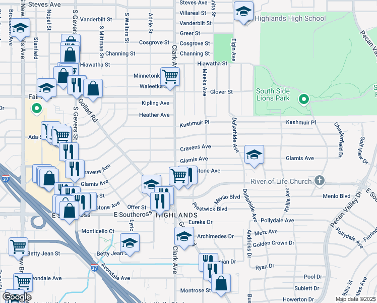 map of restaurants, bars, coffee shops, grocery stores, and more near 533 Cravens Avenue in San Antonio
