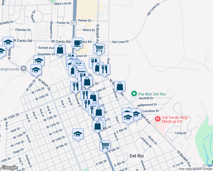 map of restaurants, bars, coffee shops, grocery stores, and more near 803 East 15th Street in Del Rio