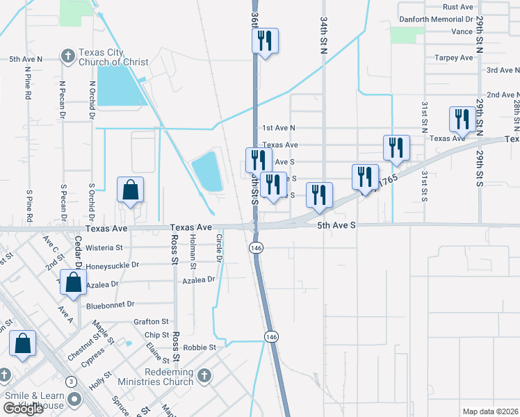 map of restaurants, bars, coffee shops, grocery stores, and more near 3201 Texas 146 in Texas City