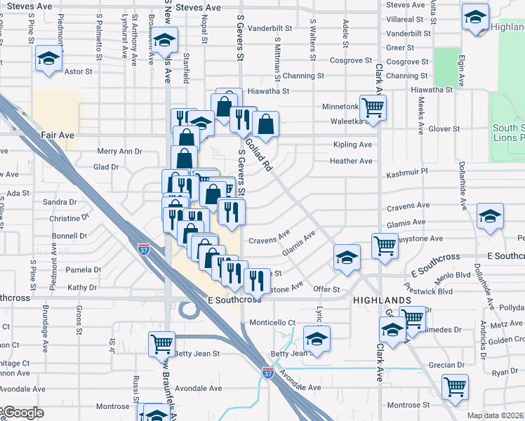 map of restaurants, bars, coffee shops, grocery stores, and more near 3935 South Walters in San Antonio