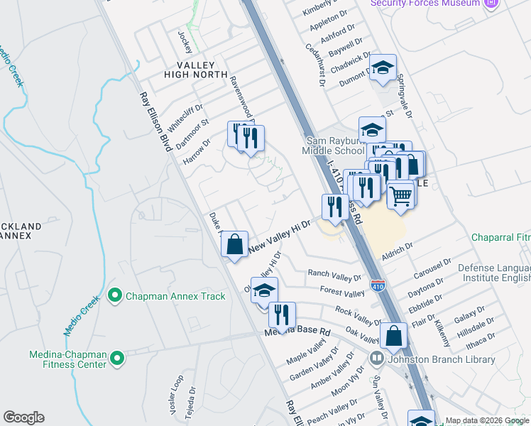map of restaurants, bars, coffee shops, grocery stores, and more near 7802 Ironside Port in San Antonio