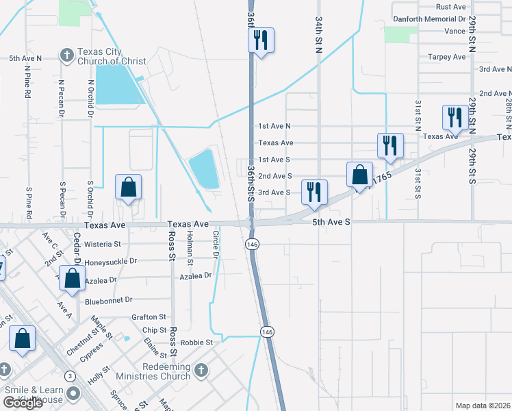 map of restaurants, bars, coffee shops, grocery stores, and more near 3201 Texas 146 in Texas City