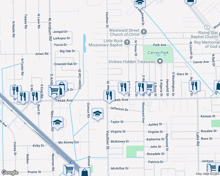 map of restaurants, bars, coffee shops, grocery stores, and more near 7310 Blue Jay Drive in Texas City