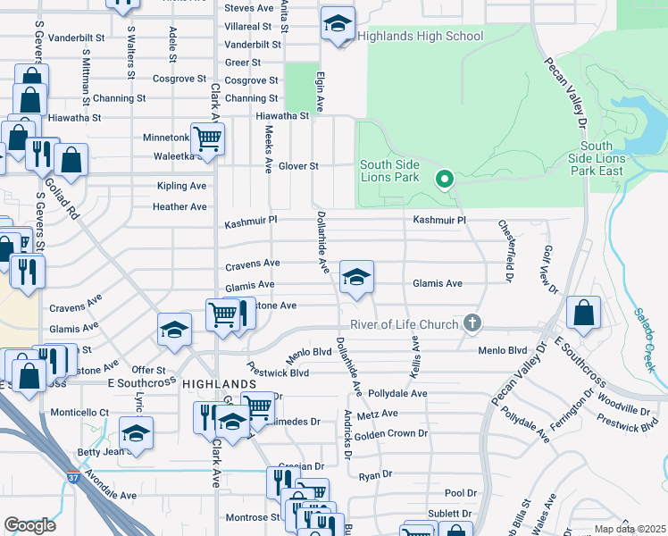 map of restaurants, bars, coffee shops, grocery stores, and more near 725 Cravens Avenue in San Antonio