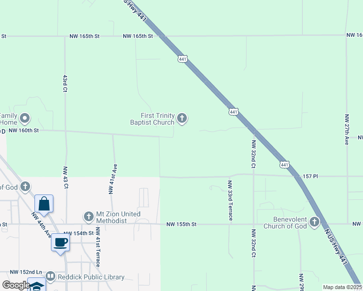 map of restaurants, bars, coffee shops, grocery stores, and more near 3700 Northwest 160th Street in Reddick