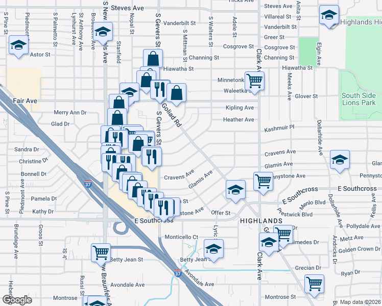 map of restaurants, bars, coffee shops, grocery stores, and more near 163 Mc Dougal Avenue in San Antonio