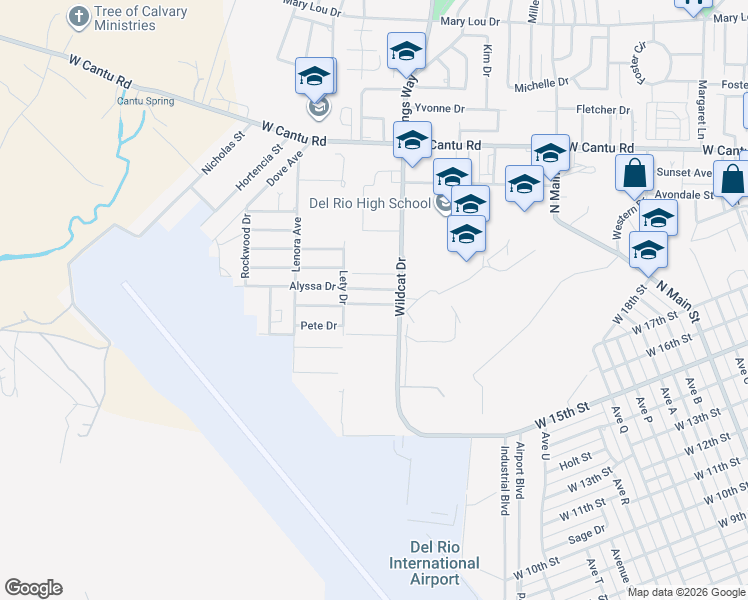 map of restaurants, bars, coffee shops, grocery stores, and more near 109 Ramon Cardenas Drive in Del Rio