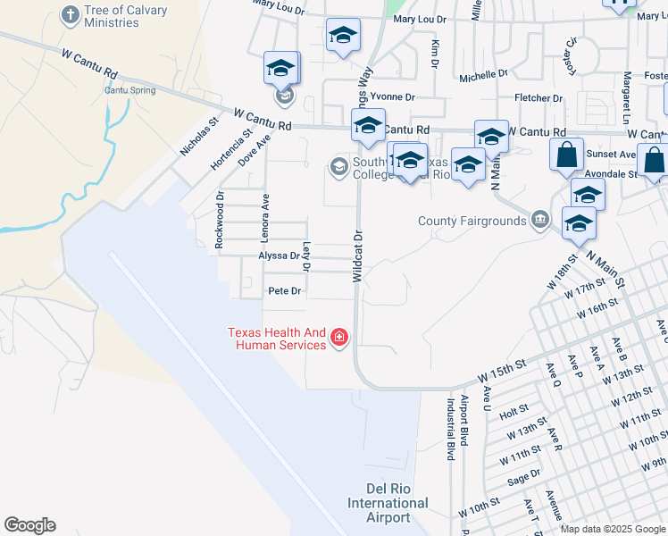 map of restaurants, bars, coffee shops, grocery stores, and more near 107 Alyssa Drive in Del Rio