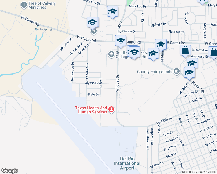 map of restaurants, bars, coffee shops, grocery stores, and more near 107 Alyssa Drive in Del Rio