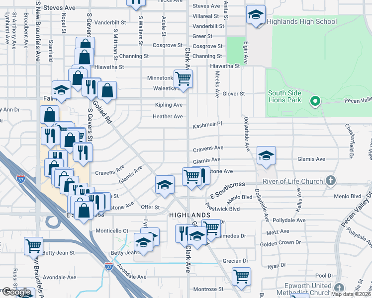 map of restaurants, bars, coffee shops, grocery stores, and more near 501 Cravens Avenue in San Antonio