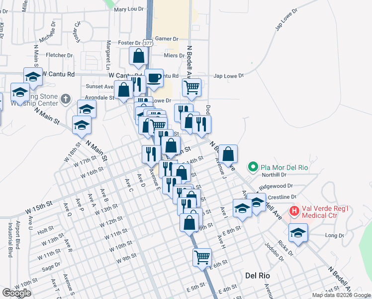 map of restaurants, bars, coffee shops, grocery stores, and more near 1701 Avenue H in Del Rio