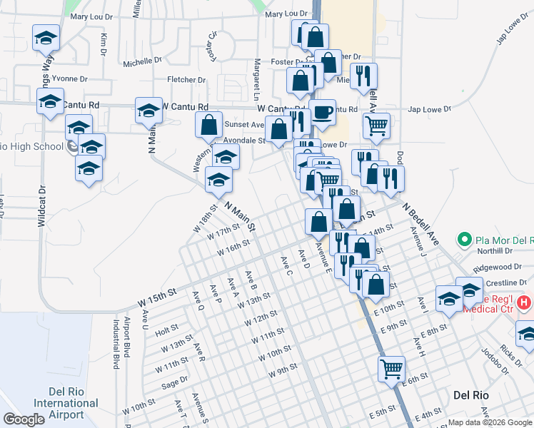 map of restaurants, bars, coffee shops, grocery stores, and more near 200 East 17th Street in Del Rio