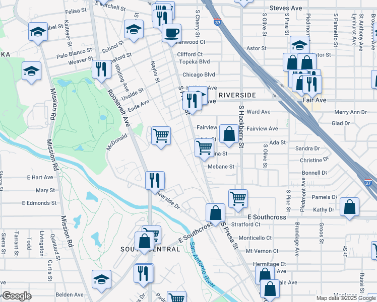 map of restaurants, bars, coffee shops, grocery stores, and more near 109 Liberty St in San Antonio