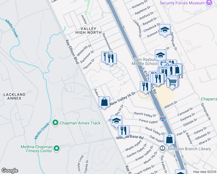 map of restaurants, bars, coffee shops, grocery stores, and more near 7827 Ironside Port in San Antonio