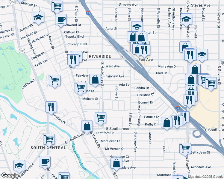 map of restaurants, bars, coffee shops, grocery stores, and more near 325 Regina Street in San Antonio