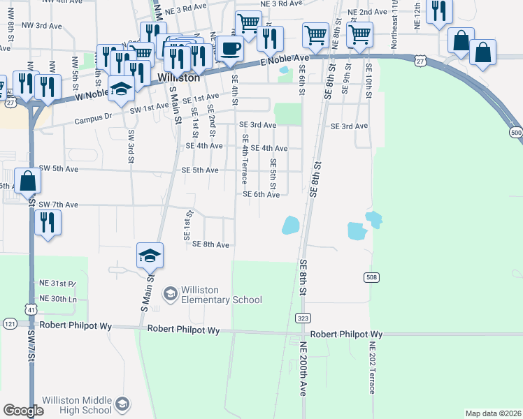 map of restaurants, bars, coffee shops, grocery stores, and more near 515 Southeast 6th Avenue in Williston