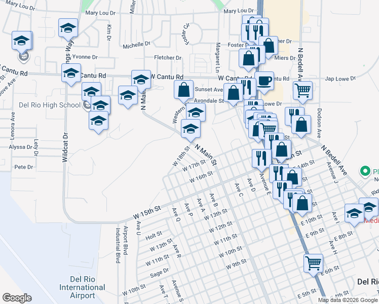 map of restaurants, bars, coffee shops, grocery stores, and more near 1913 Avenue B in Del Rio