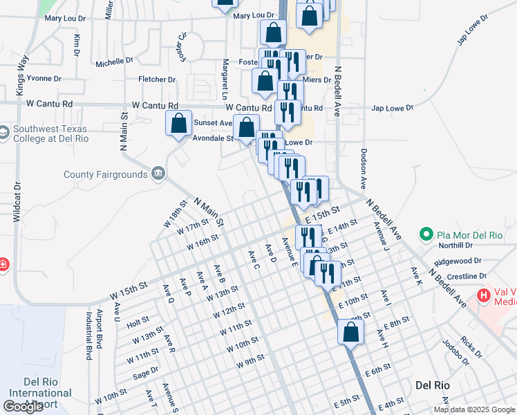 map of restaurants, bars, coffee shops, grocery stores, and more near 1807 Avenue D in Del Rio