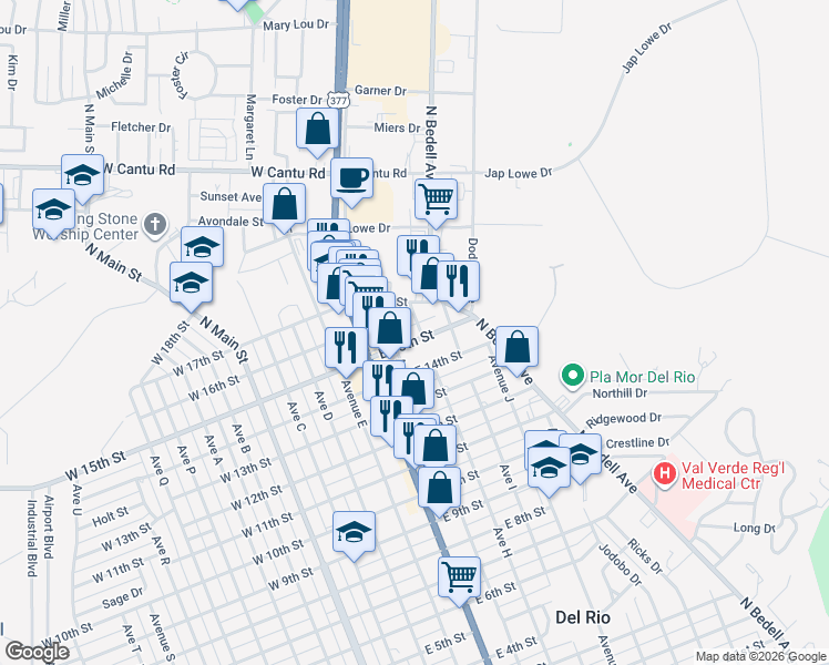 map of restaurants, bars, coffee shops, grocery stores, and more near 1701-1799 Ave H in Del Rio
