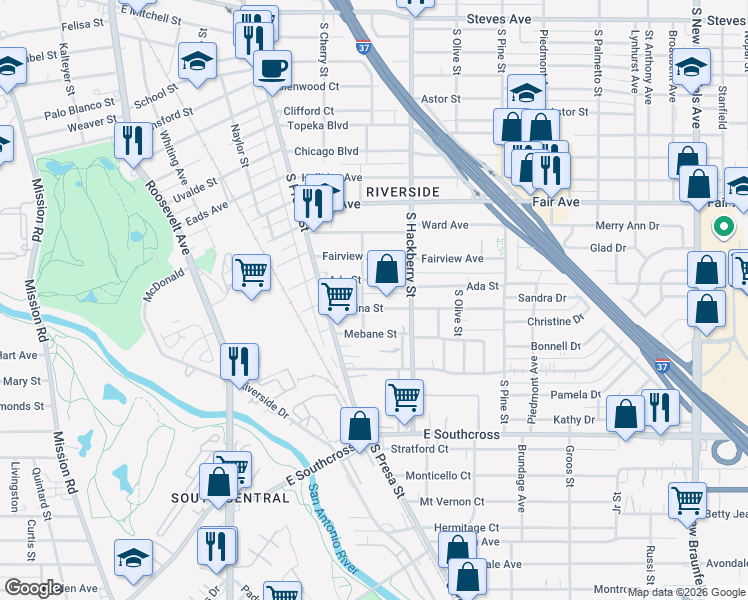 map of restaurants, bars, coffee shops, grocery stores, and more near 207 Regina Street in San Antonio