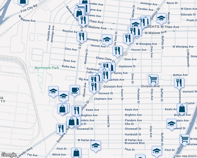 map of restaurants, bars, coffee shops, grocery stores, and more near 127 Illg Avenue in San Antonio