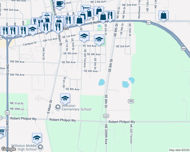 map of restaurants, bars, coffee shops, grocery stores, and more near 515 Southeast 6th Avenue in Williston
