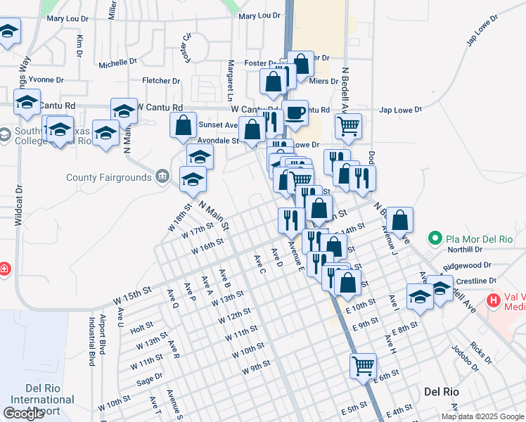 map of restaurants, bars, coffee shops, grocery stores, and more near 1807 Avenue D in Del Rio