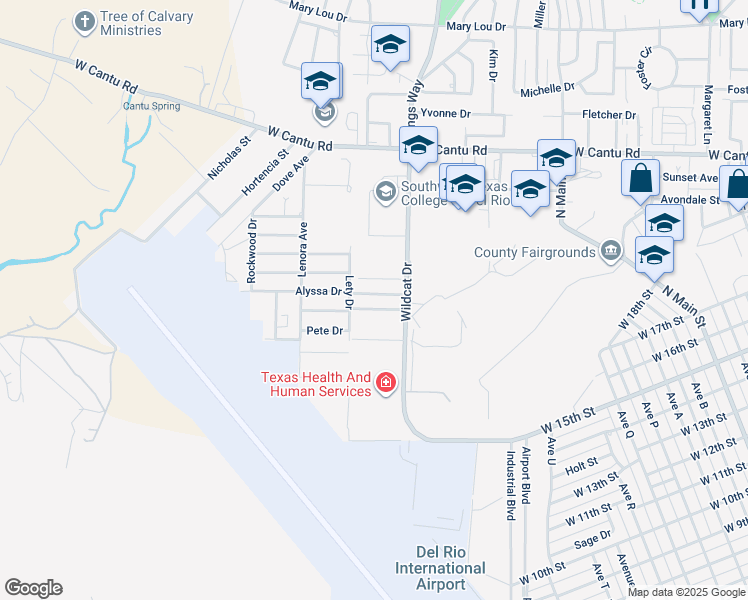 map of restaurants, bars, coffee shops, grocery stores, and more near 107 Alyssa Drive in Del Rio
