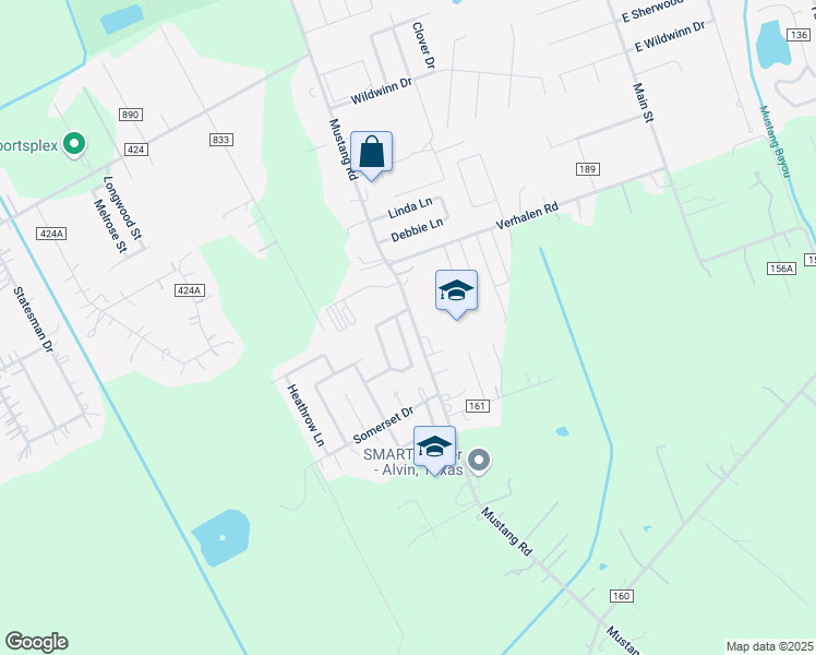 map of restaurants, bars, coffee shops, grocery stores, and more near 5247 Morgan Oak Drive in Alvin