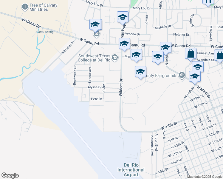 map of restaurants, bars, coffee shops, grocery stores, and more near 107 Alyssa Drive in Del Rio