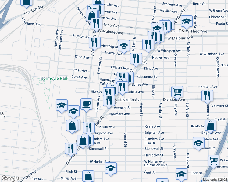 map of restaurants, bars, coffee shops, grocery stores, and more near 127 Illg Avenue in San Antonio