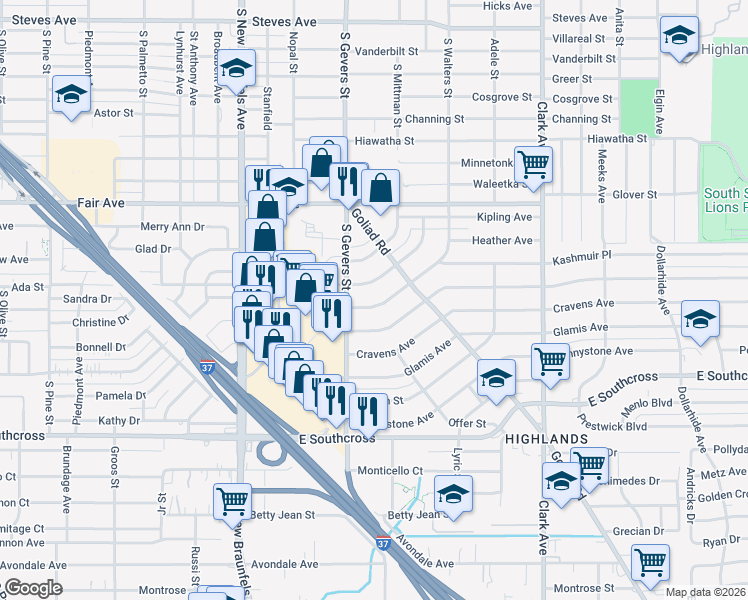 map of restaurants, bars, coffee shops, grocery stores, and more near 3935 South Walters in San Antonio