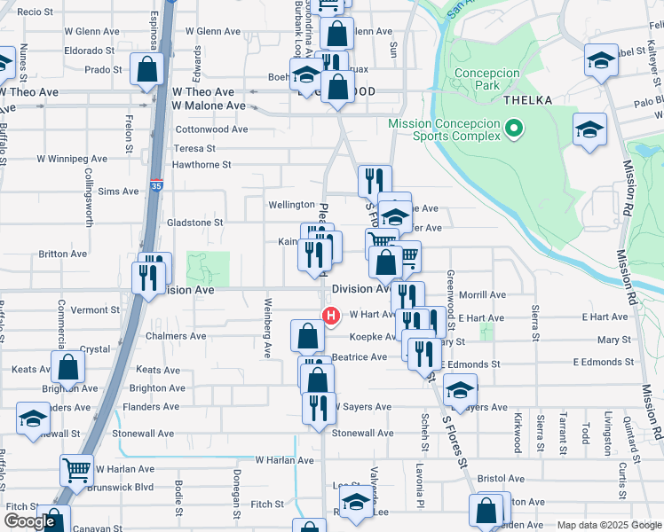 map of restaurants, bars, coffee shops, grocery stores, and more near 506 Pleasanton Road in San Antonio