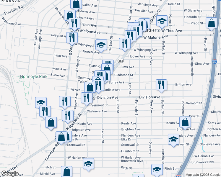 map of restaurants, bars, coffee shops, grocery stores, and more near 139 Carlisle Avenue in San Antonio