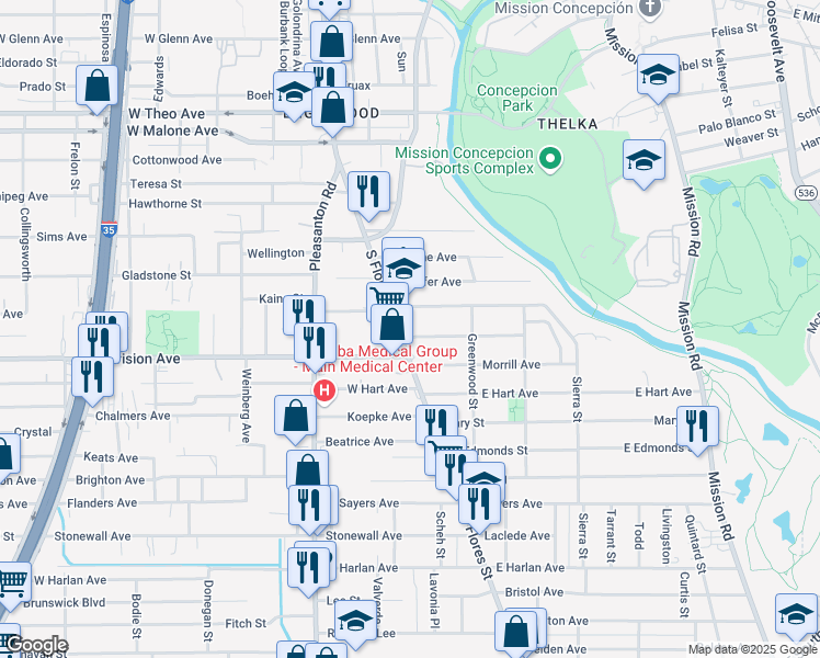 map of restaurants, bars, coffee shops, grocery stores, and more near 103 Lecompte Place in San Antonio