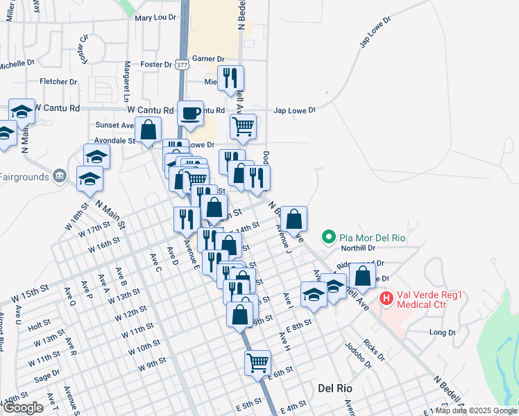 map of restaurants, bars, coffee shops, grocery stores, and more near 803 East 15th Street in Del Rio