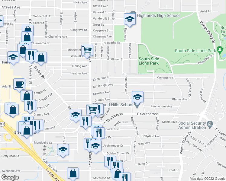 map of restaurants, bars, coffee shops, grocery stores, and more near 609 Cravens Avenue in San Antonio