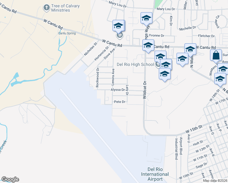 map of restaurants, bars, coffee shops, grocery stores, and more near 216 Alyssa Drive in Del Rio
