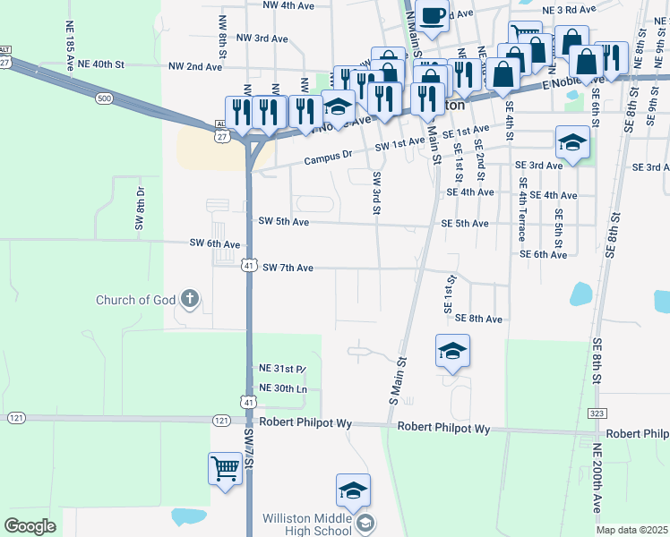 map of restaurants, bars, coffee shops, grocery stores, and more near 409 Southwest 7th Avenue in Williston