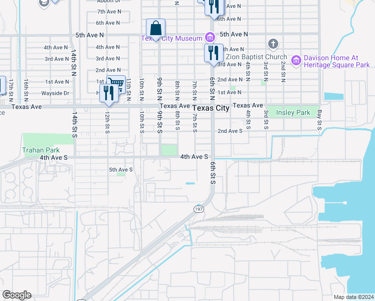 map of restaurants, bars, coffee shops, grocery stores, and more near 720 4th Avenue South in Texas City