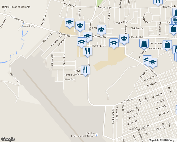 map of restaurants, bars, coffee shops, grocery stores, and more near 101 Alyssa Drive in Del Rio