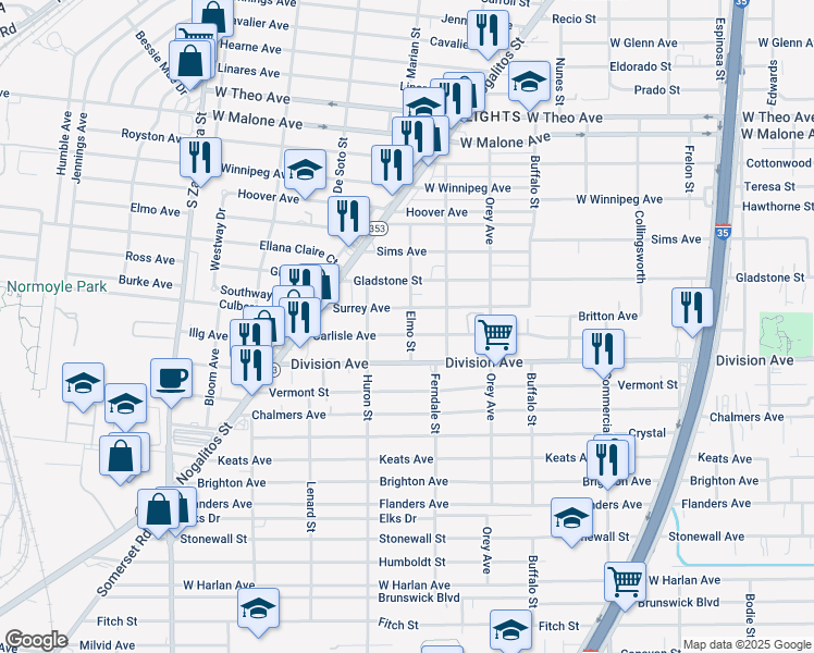 map of restaurants, bars, coffee shops, grocery stores, and more near 303 Carlisle Avenue in San Antonio