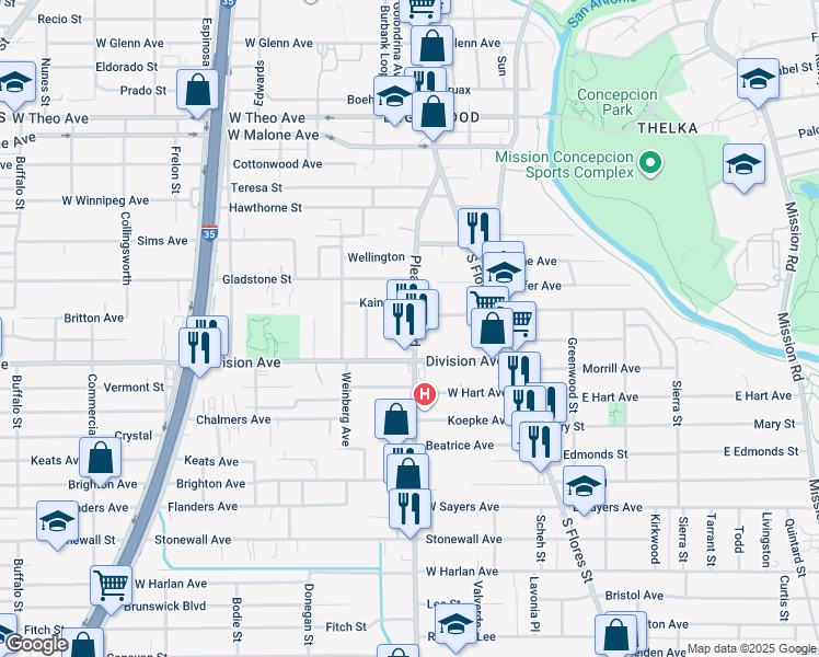 map of restaurants, bars, coffee shops, grocery stores, and more near 507 Pleasanton Road in San Antonio